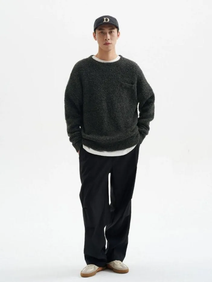 Crew Neck Fuzzy Sweater with Pocket