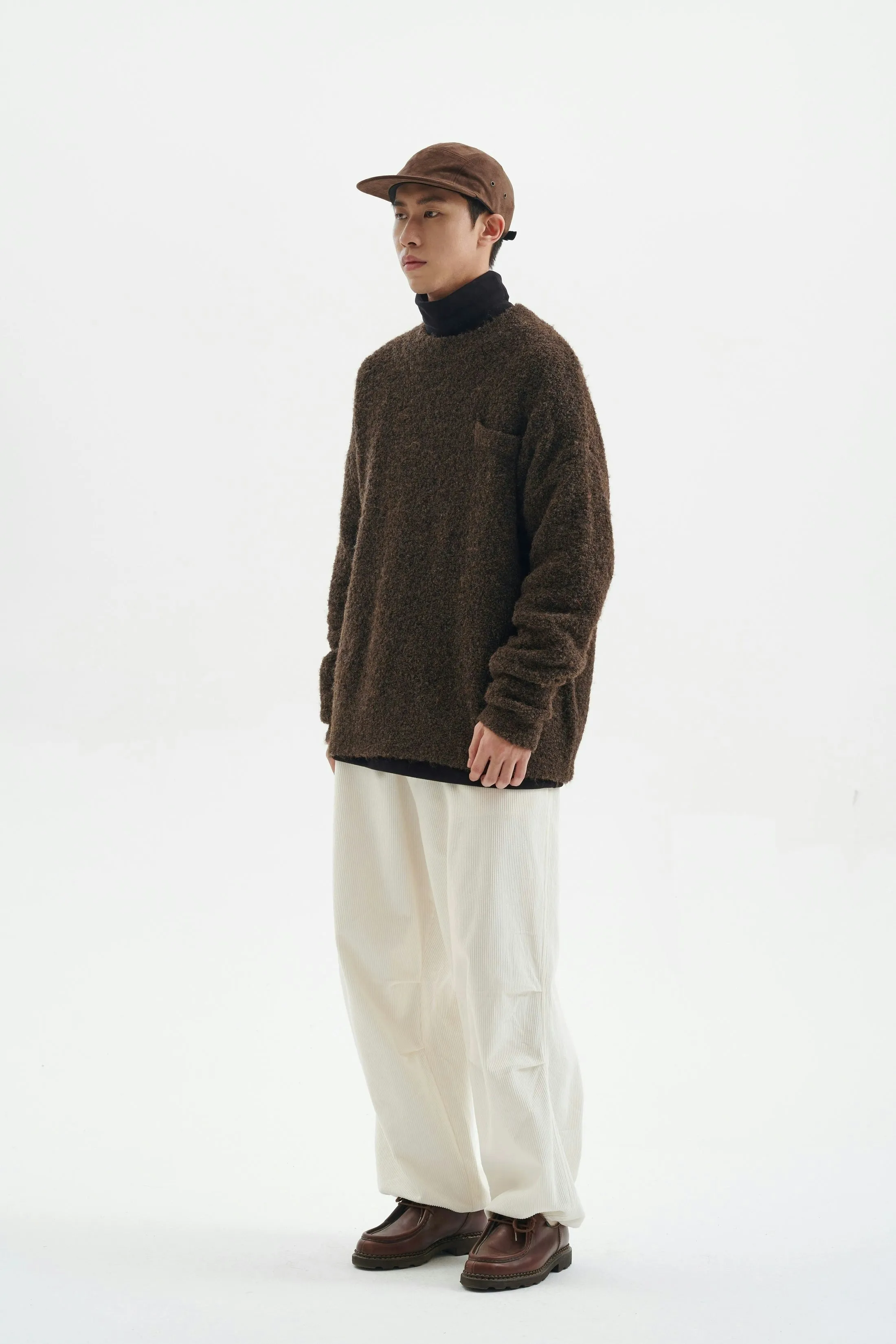 Crew Neck Fuzzy Sweater with Pocket