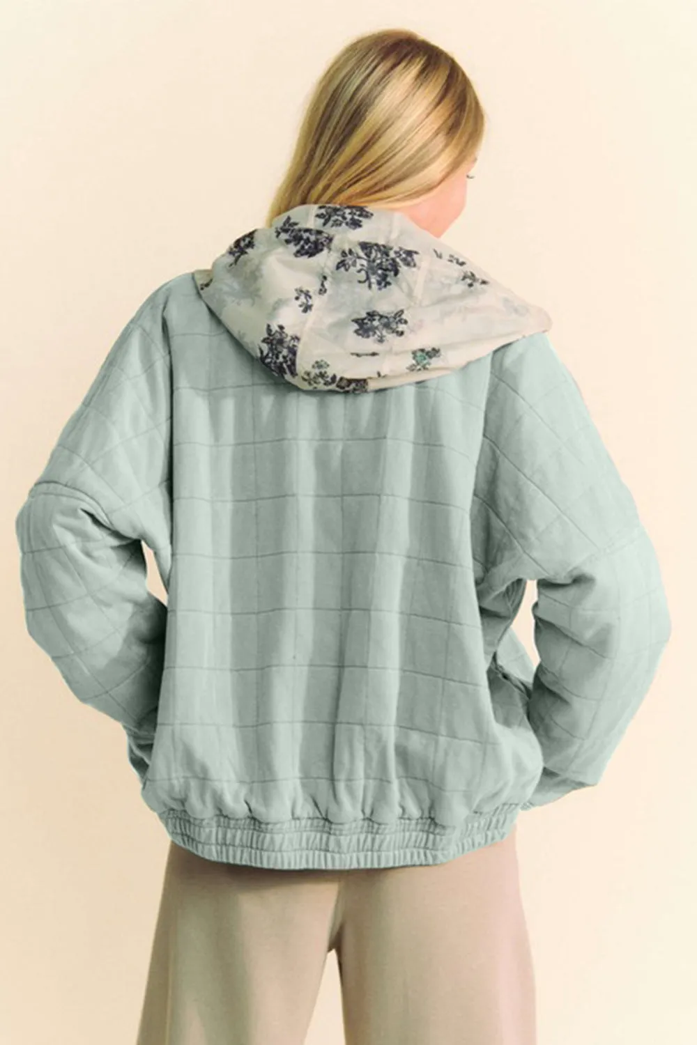 Davi & Dani Grey Blue Washed Quilted Zip Up Dropped Shoulder Jacket