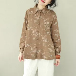 DIY khaki print linen blouses for women plus size Cotton lapel Button Down oversized blouses