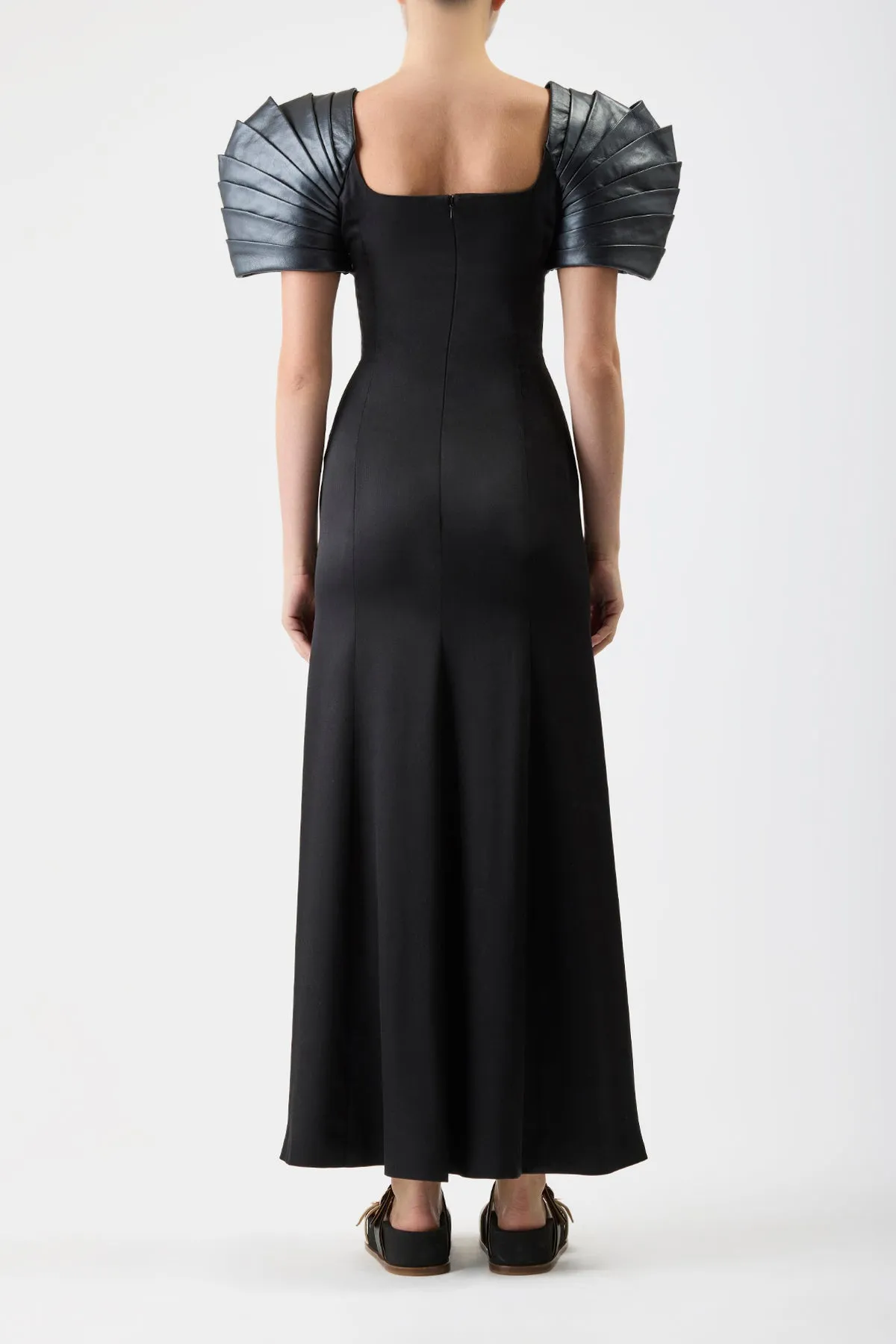 Duchess Maxi Dress in Black Silk Satin with Metallic Nappa Leather Shoulders