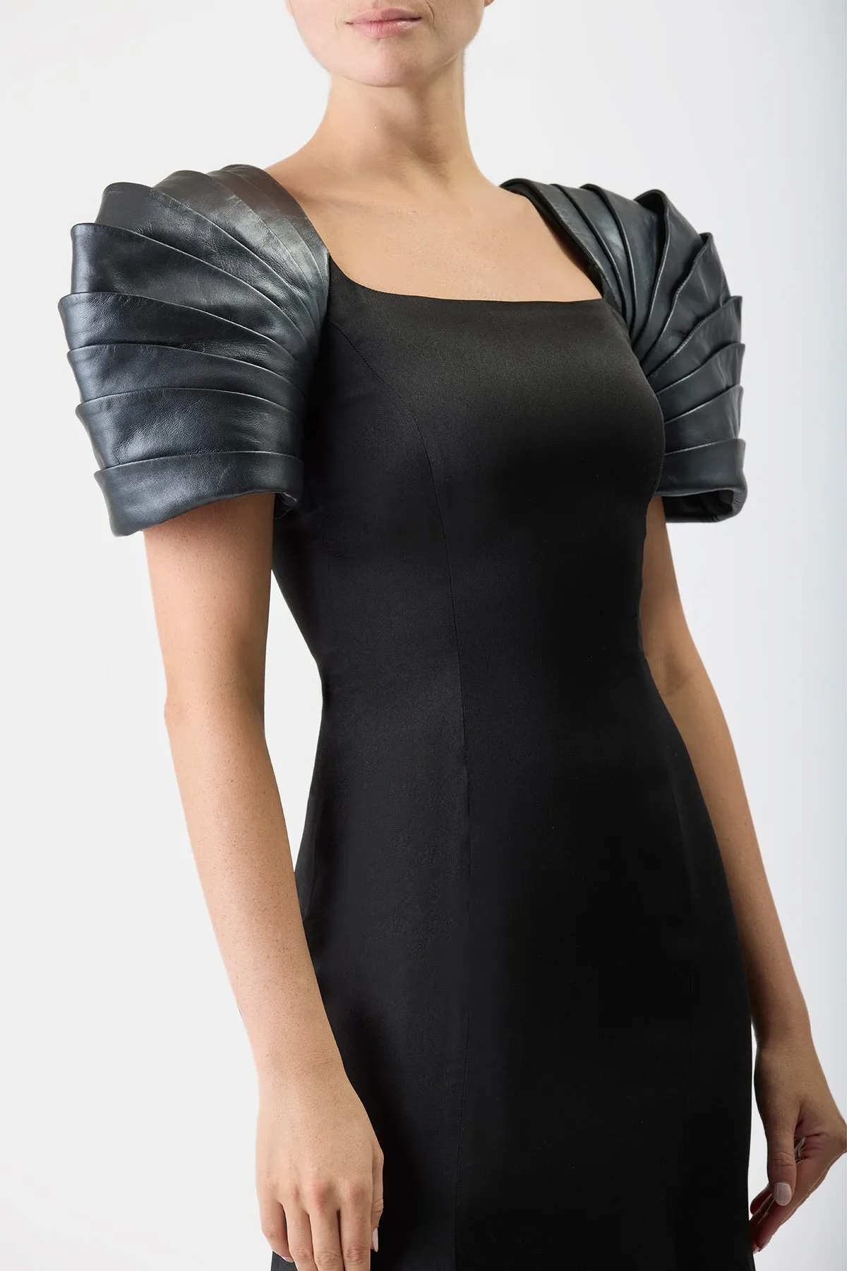 Duchess Maxi Dress in Black Silk Satin with Metallic Nappa Leather Shoulders