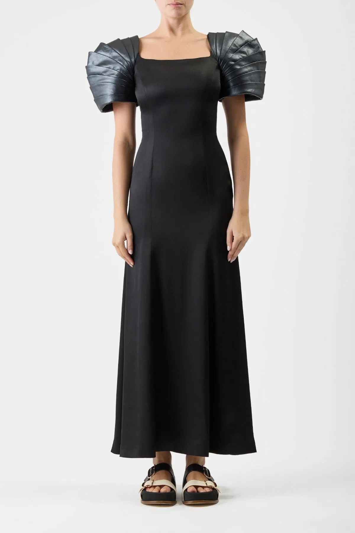 Duchess Maxi Dress in Black Silk Satin with Metallic Nappa Leather Shoulders