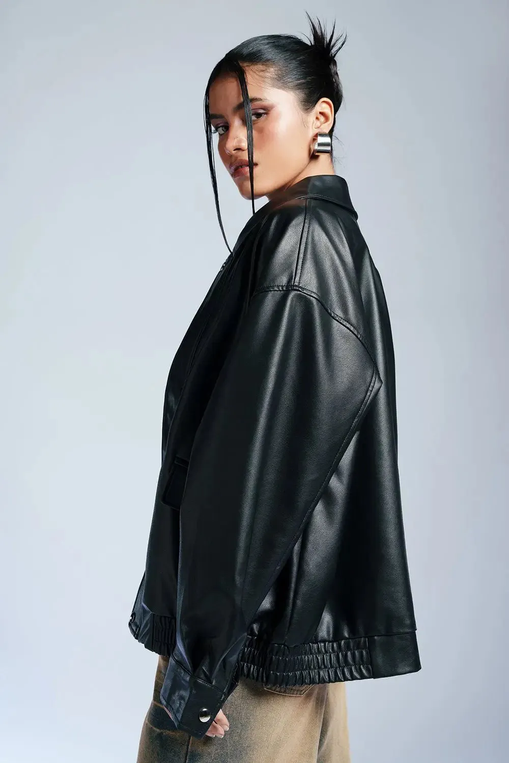 Ebony Elite Leather Bomber Jacket