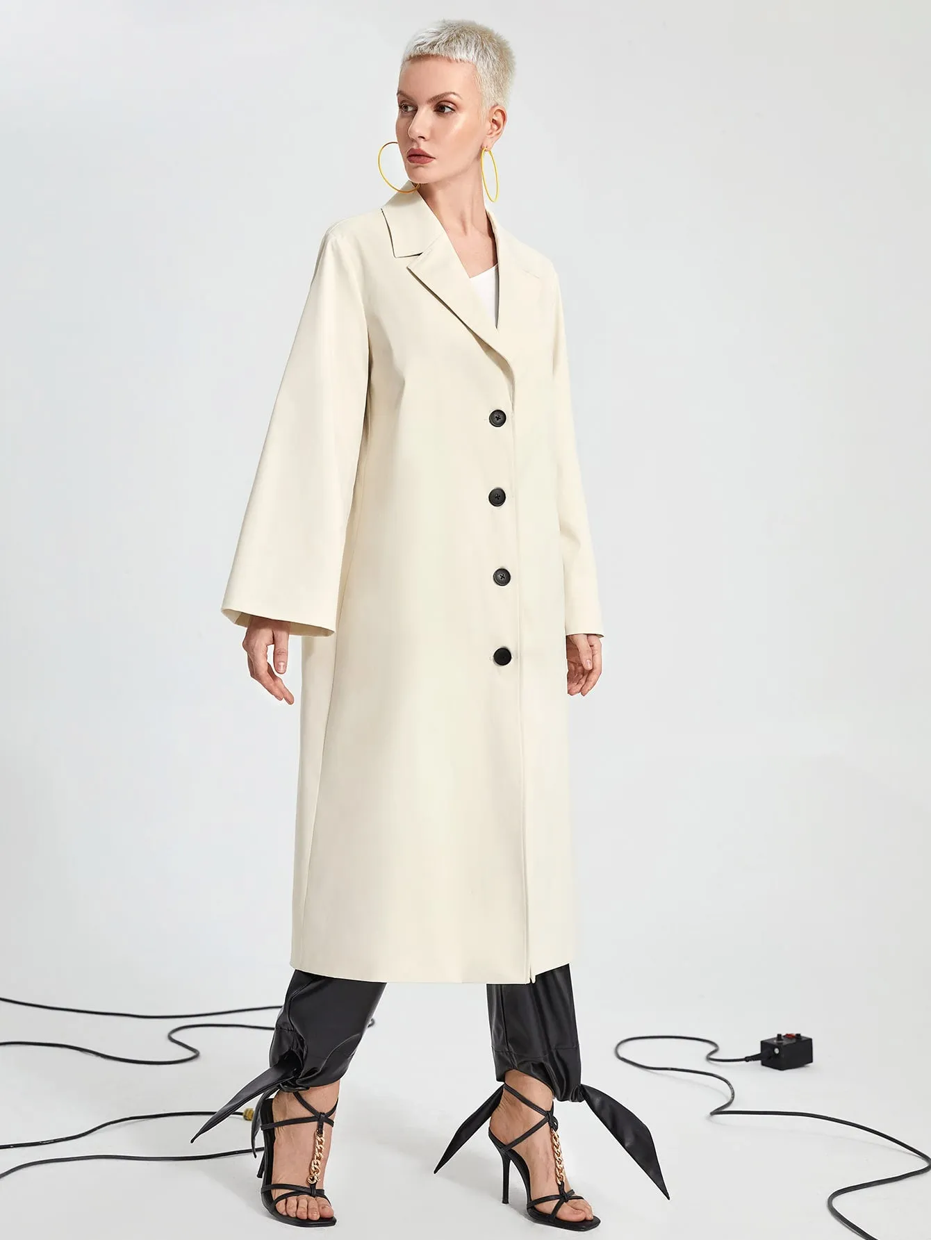 Elegant Plain Button Front Long Sleeve Lapel Long Women Trench Coat