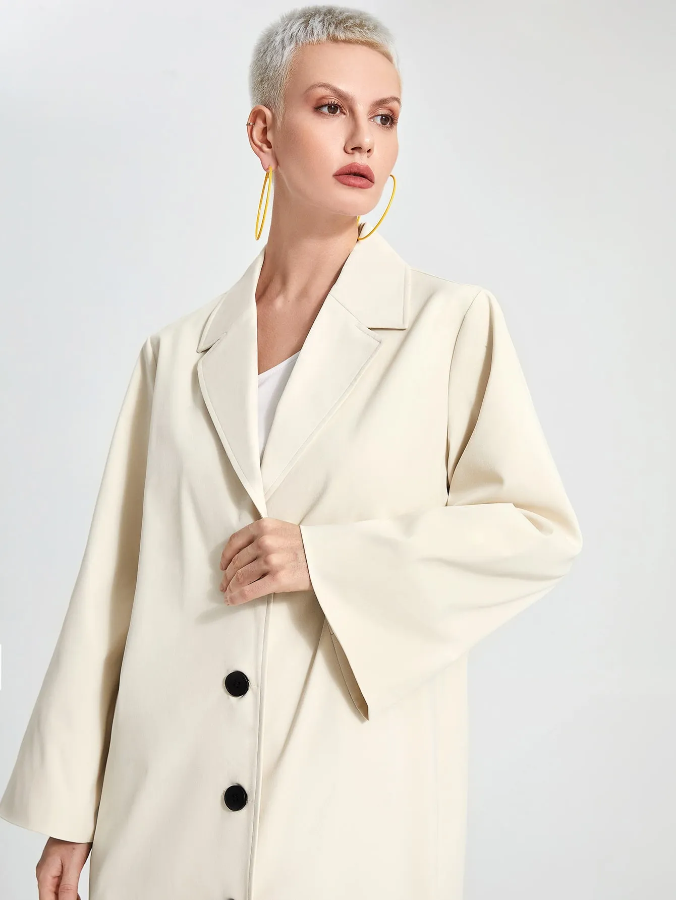 Elegant Plain Button Front Long Sleeve Lapel Long Women Trench Coat