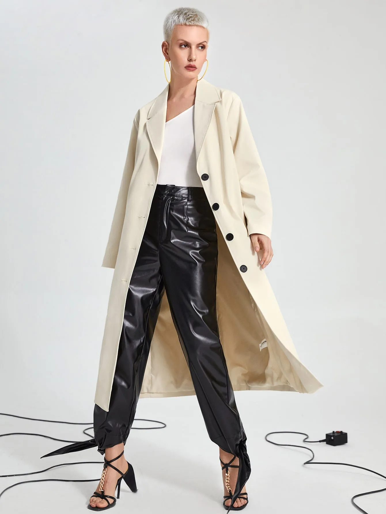 Elegant Plain Button Front Long Sleeve Lapel Long Women Trench Coat