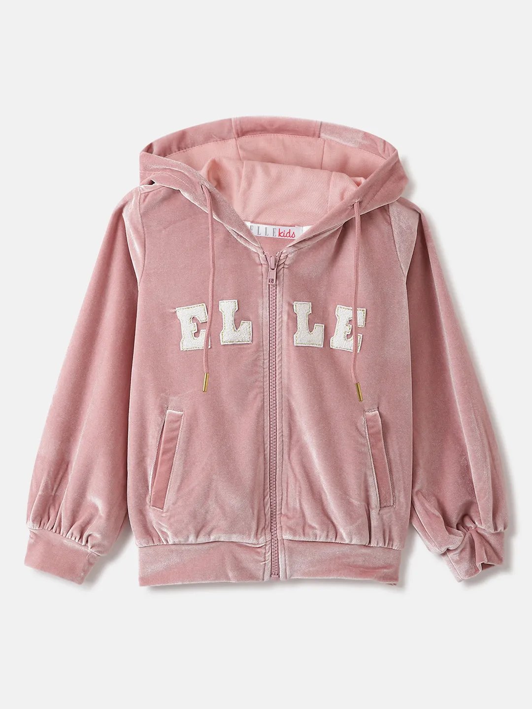 Elle Girls Pink Solid Hooded Full Sleeves Zipped Sweatshirt