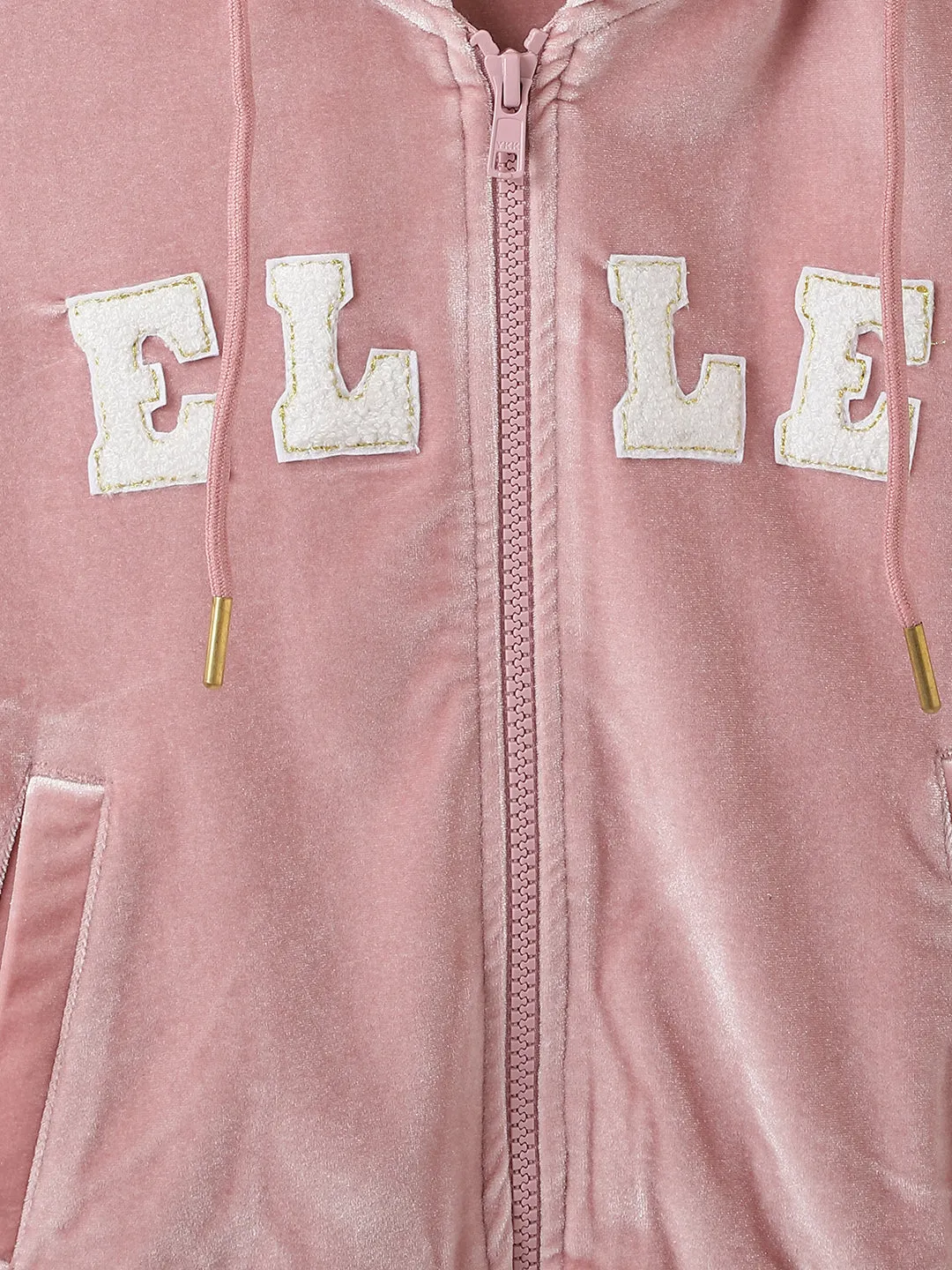 Elle Girls Pink Solid Hooded Full Sleeves Zipped Sweatshirt