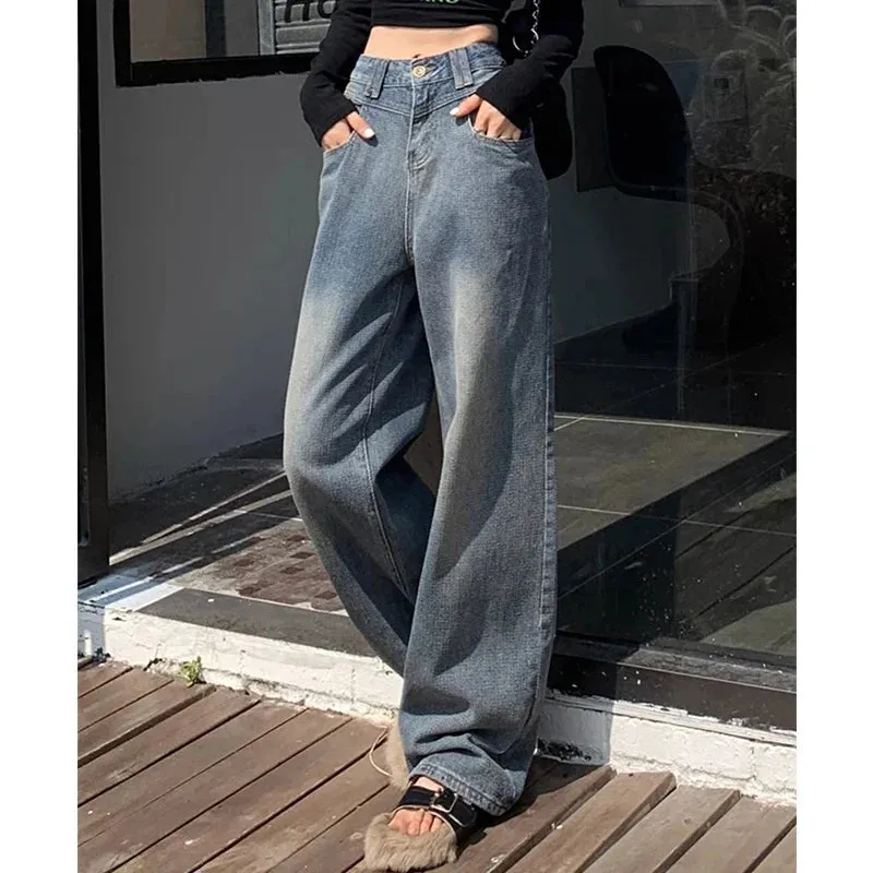 FashionSierra - Casual Loose Straight High Stretch Fashion Four Season Blue Trouser