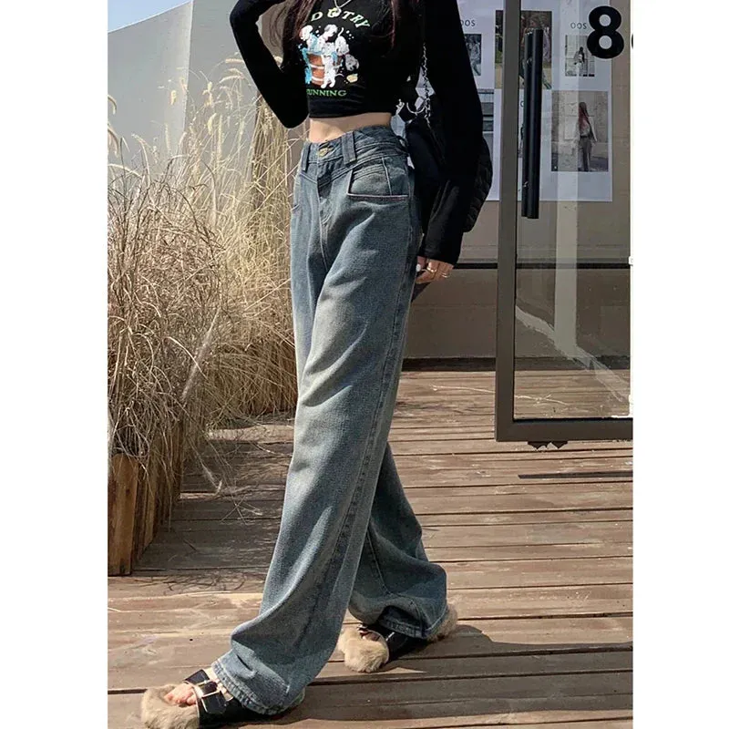 FashionSierra - Casual Loose Straight High Stretch Fashion Four Season Blue Trouser