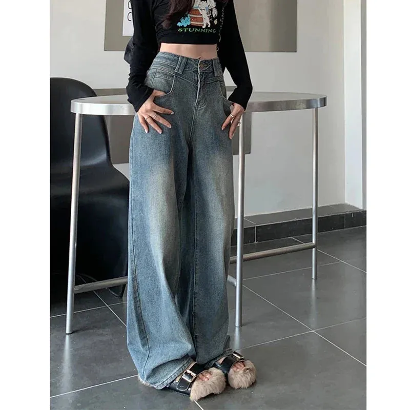 FashionSierra - Casual Loose Straight High Stretch Fashion Four Season Blue Trouser