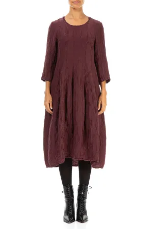 Flared Balloon Crinkled Merlot Silk Linen Dress