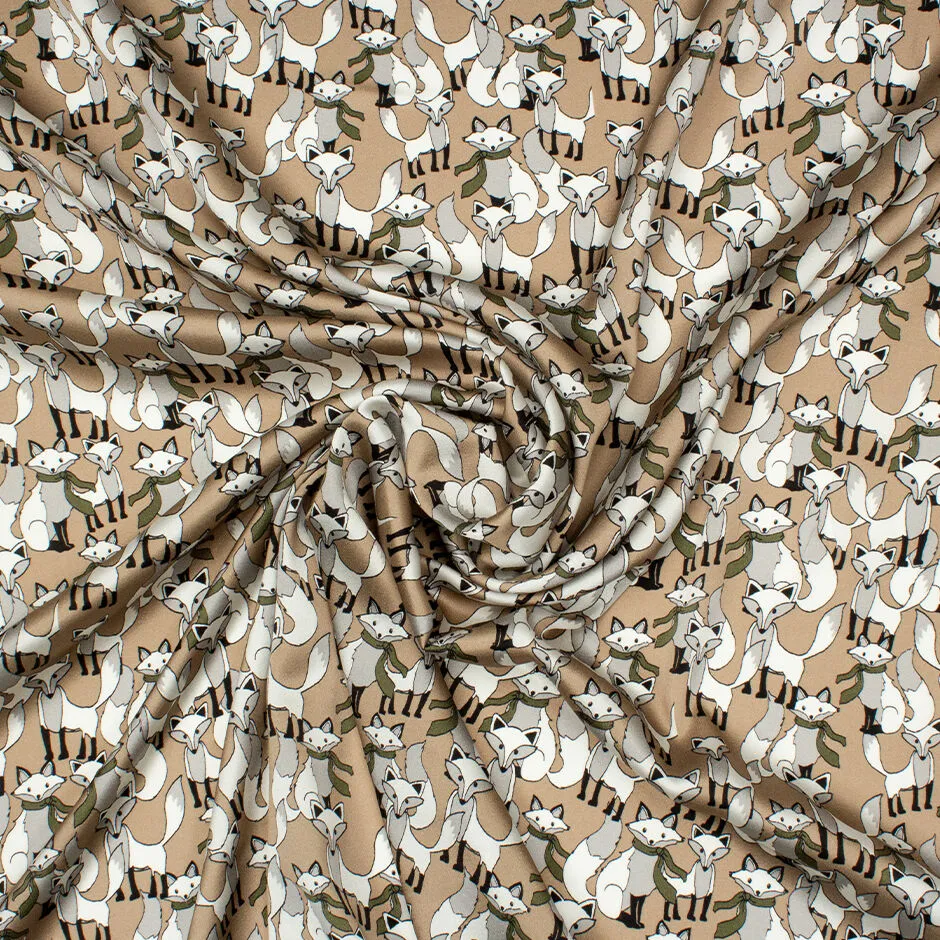 Fox Printed Beige Stretch Silk Satin