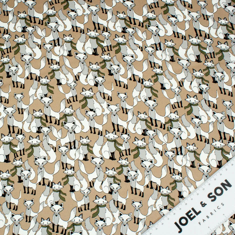 Fox Printed Beige Stretch Silk Satin