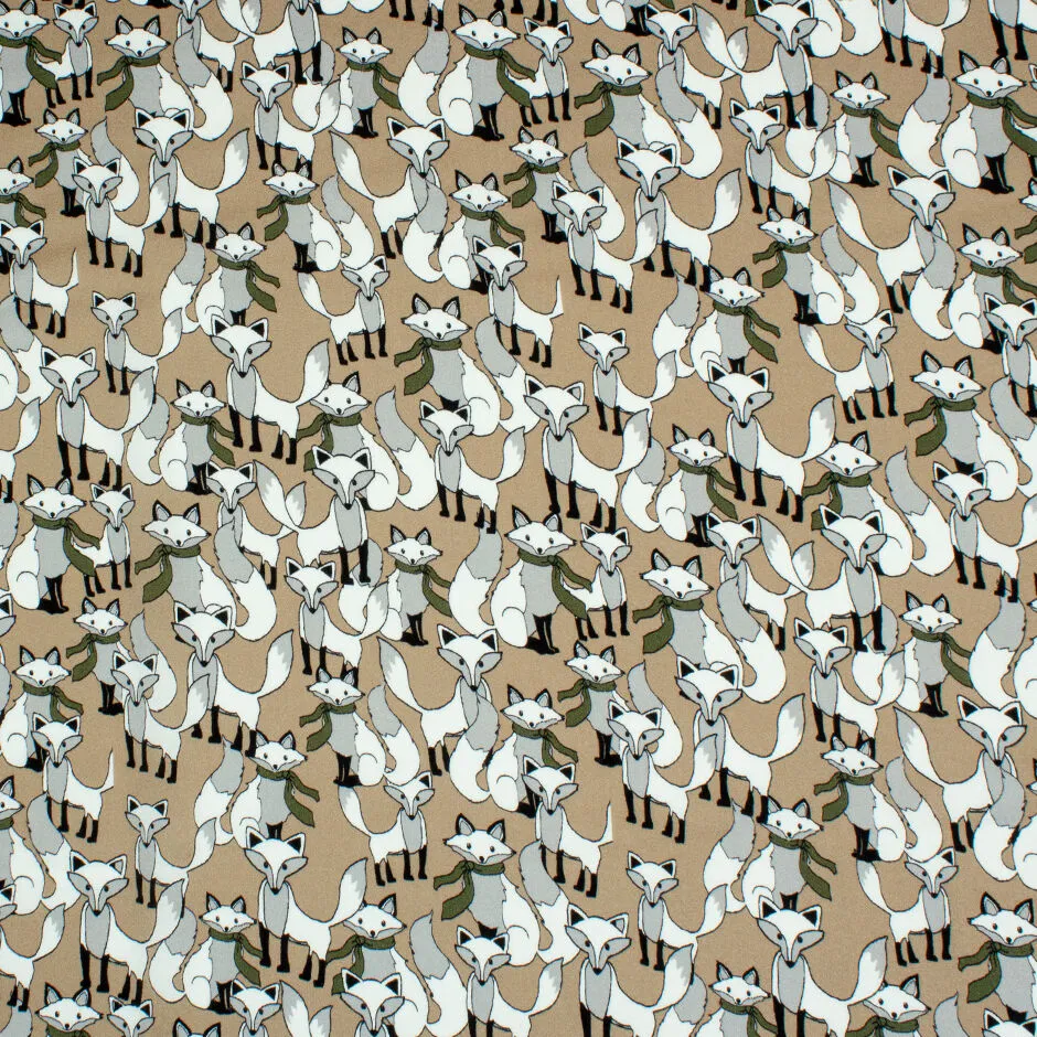 Fox Printed Beige Stretch Silk Satin