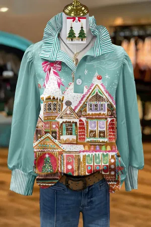 Fresh Christmas Gingerbread House Print Stand Collar Top