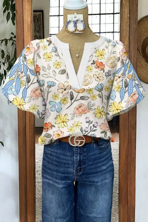 Fresh Floral Print Puff Sleeve Blouse