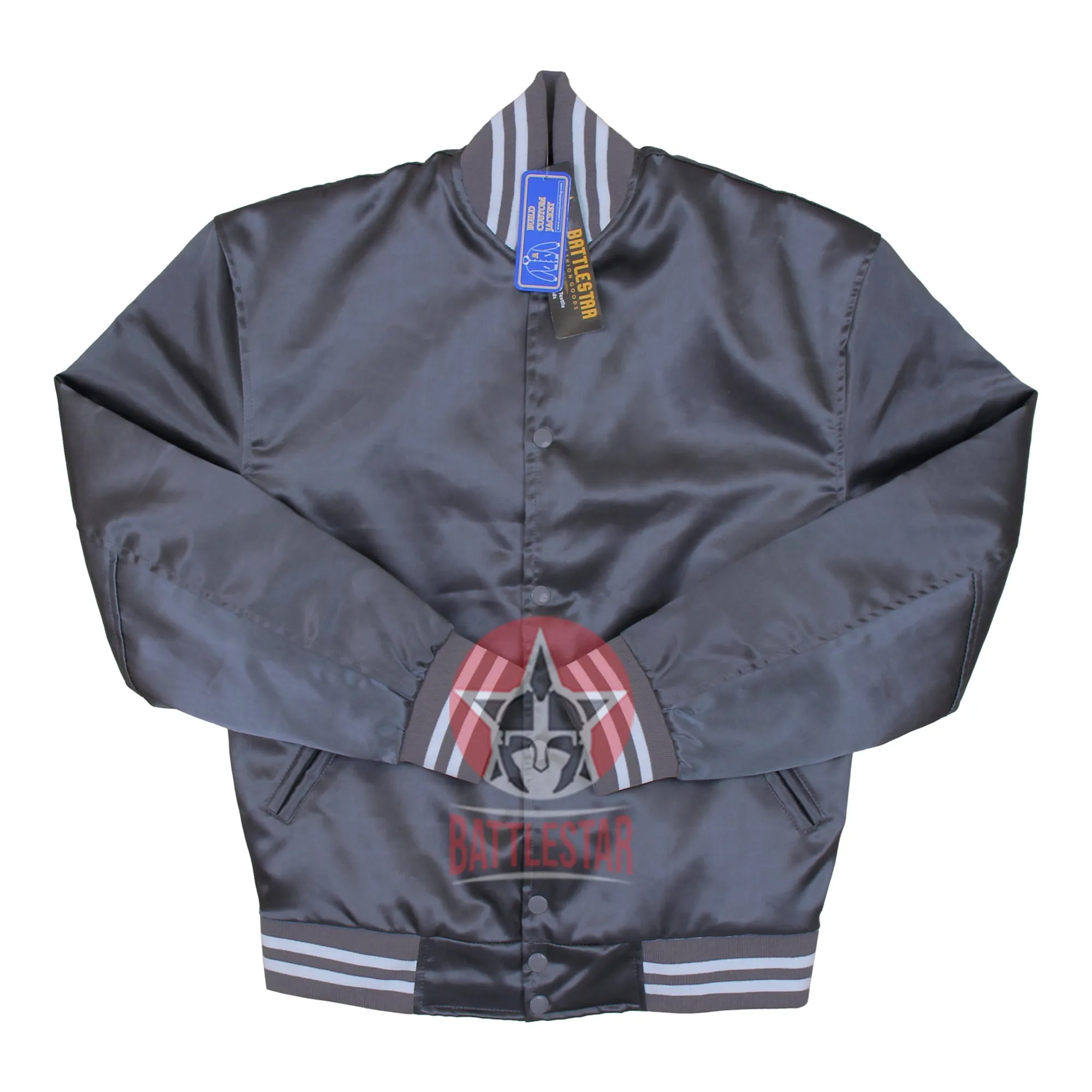 Gray Satin Varsity Baseball Jacket Gray White Rib