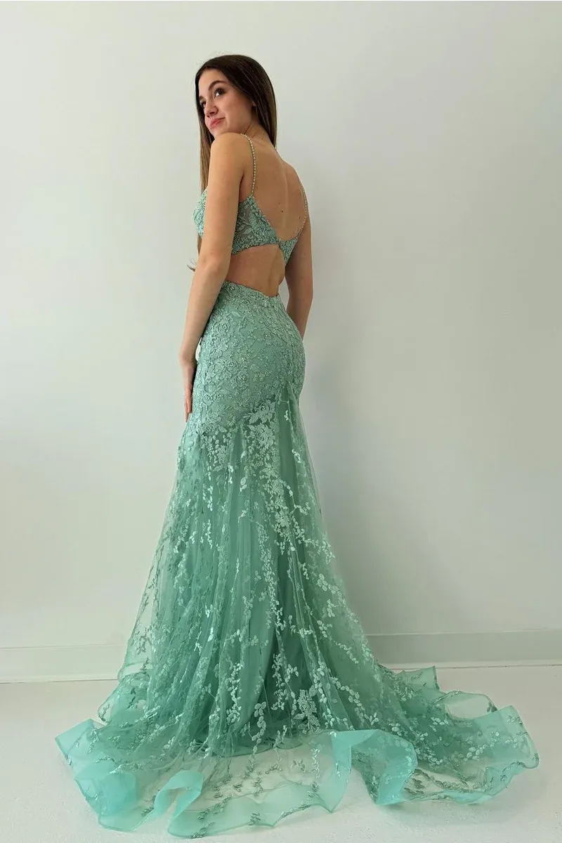 Green V Neck Lace Long Mermaid Prom Dresses