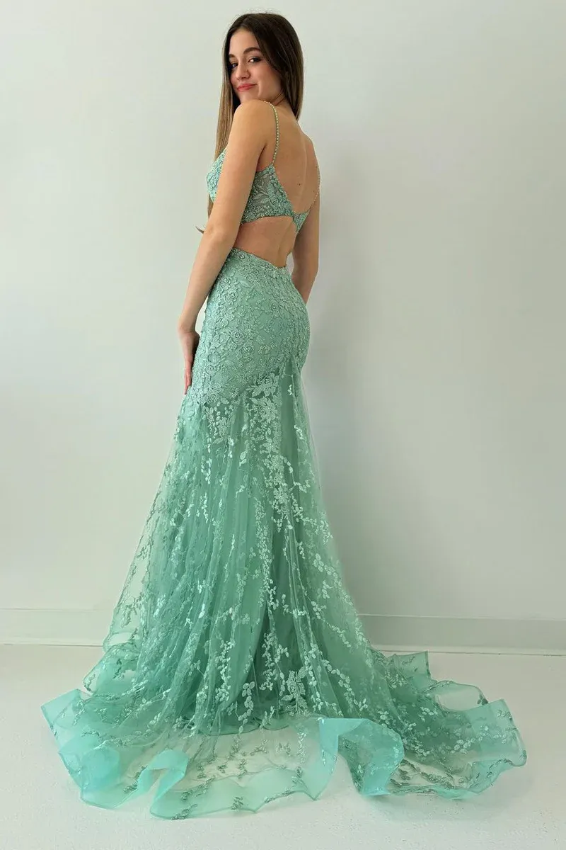 Green V Neck Lace Long Mermaid Prom Dresses