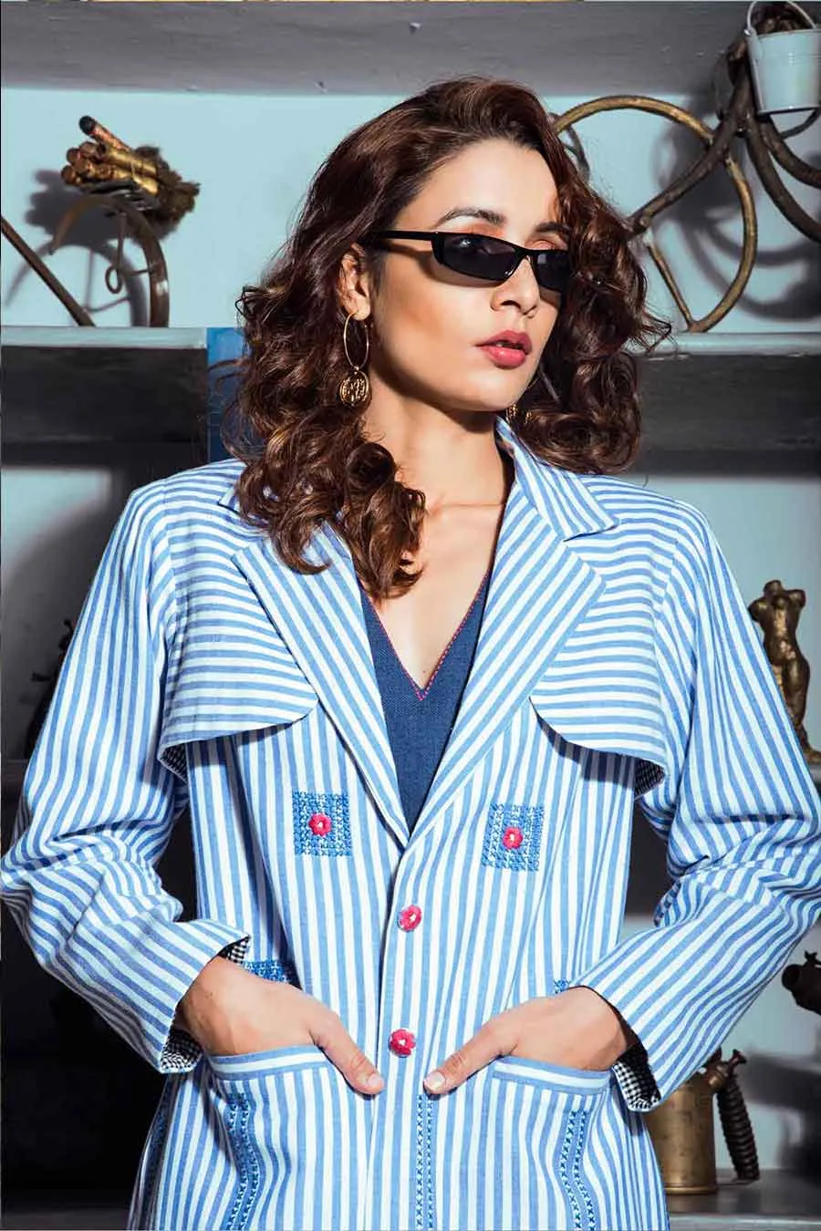 Handloom Cotton Blue Trench Coat