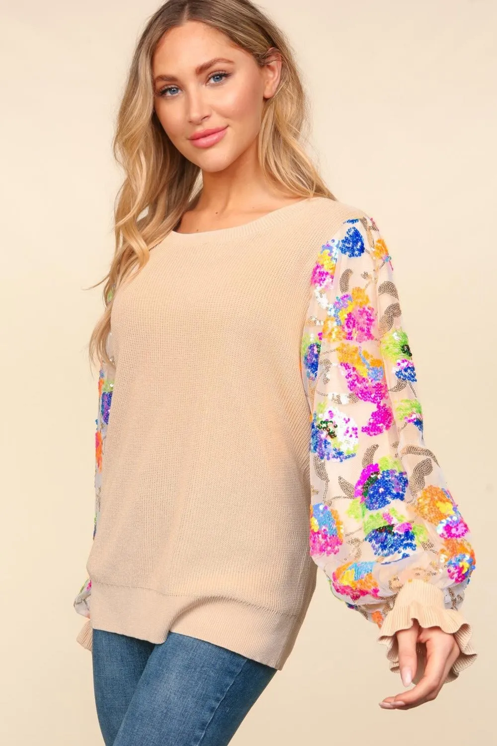 Hazel Blues® |  Haptics Floral Sequins Mesh Flounce Sleeve Sweater