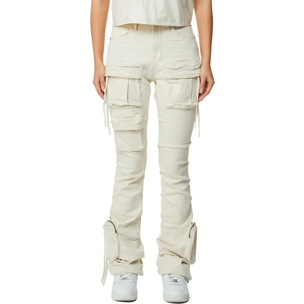 High Rise Stacked Cargo Jeans - Ecru