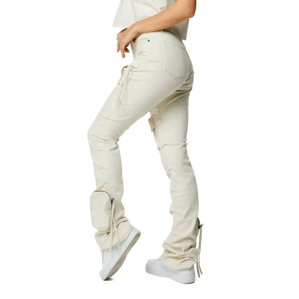 High Rise Stacked Cargo Jeans - Ecru