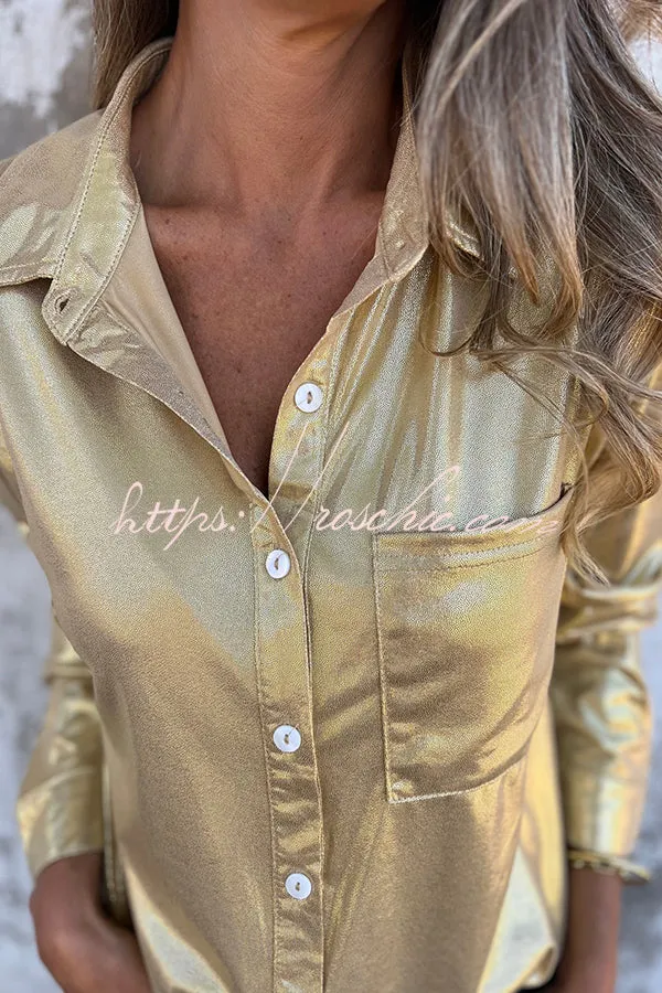 Holiday Look Solid Metallic Loose Pocket Button-down Blouse