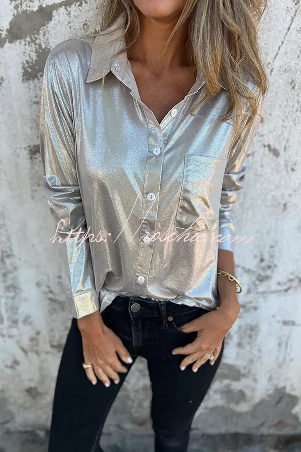 Holiday Look Solid Metallic Loose Pocket Button-down Blouse