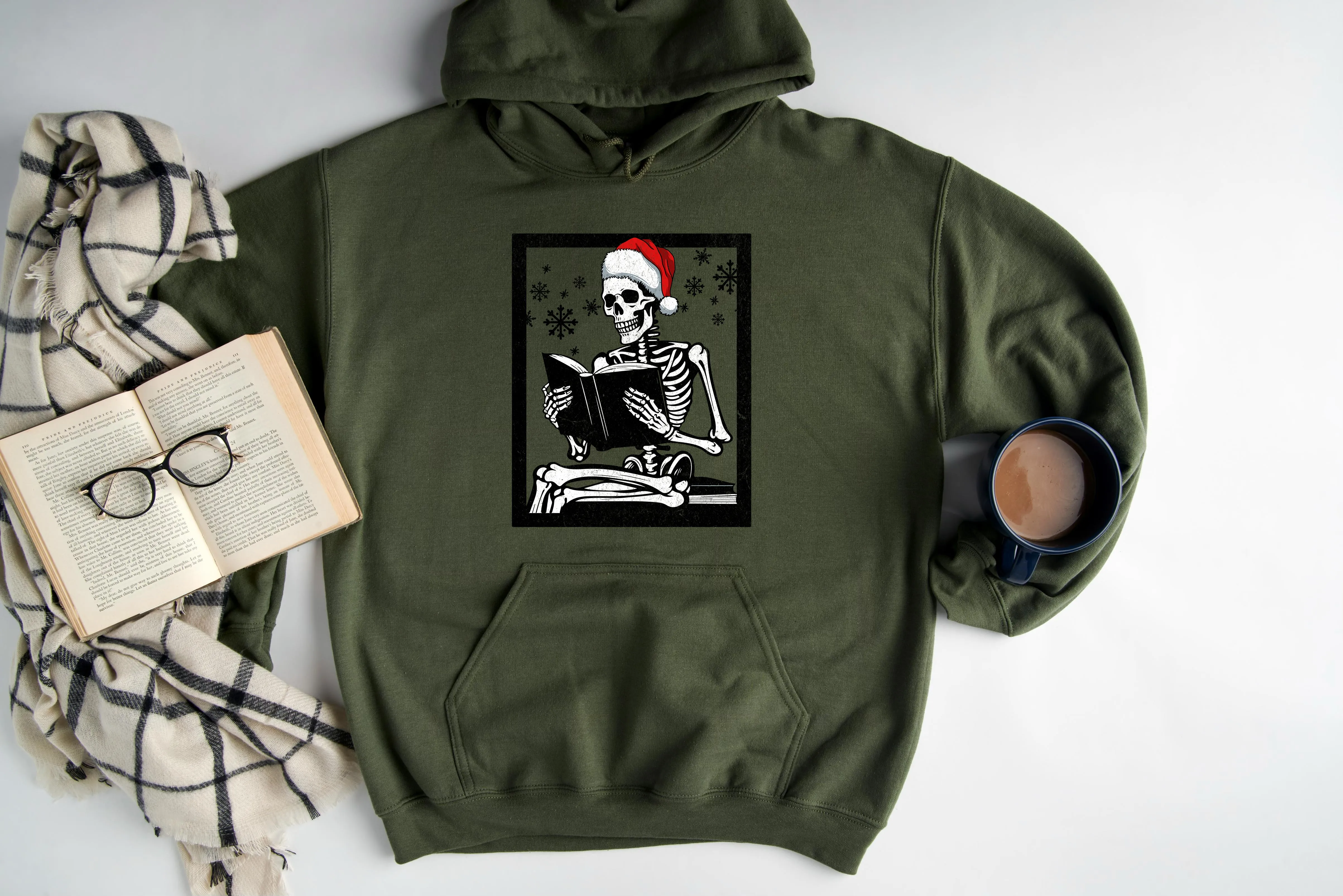 holiday reading skeleton hoodie