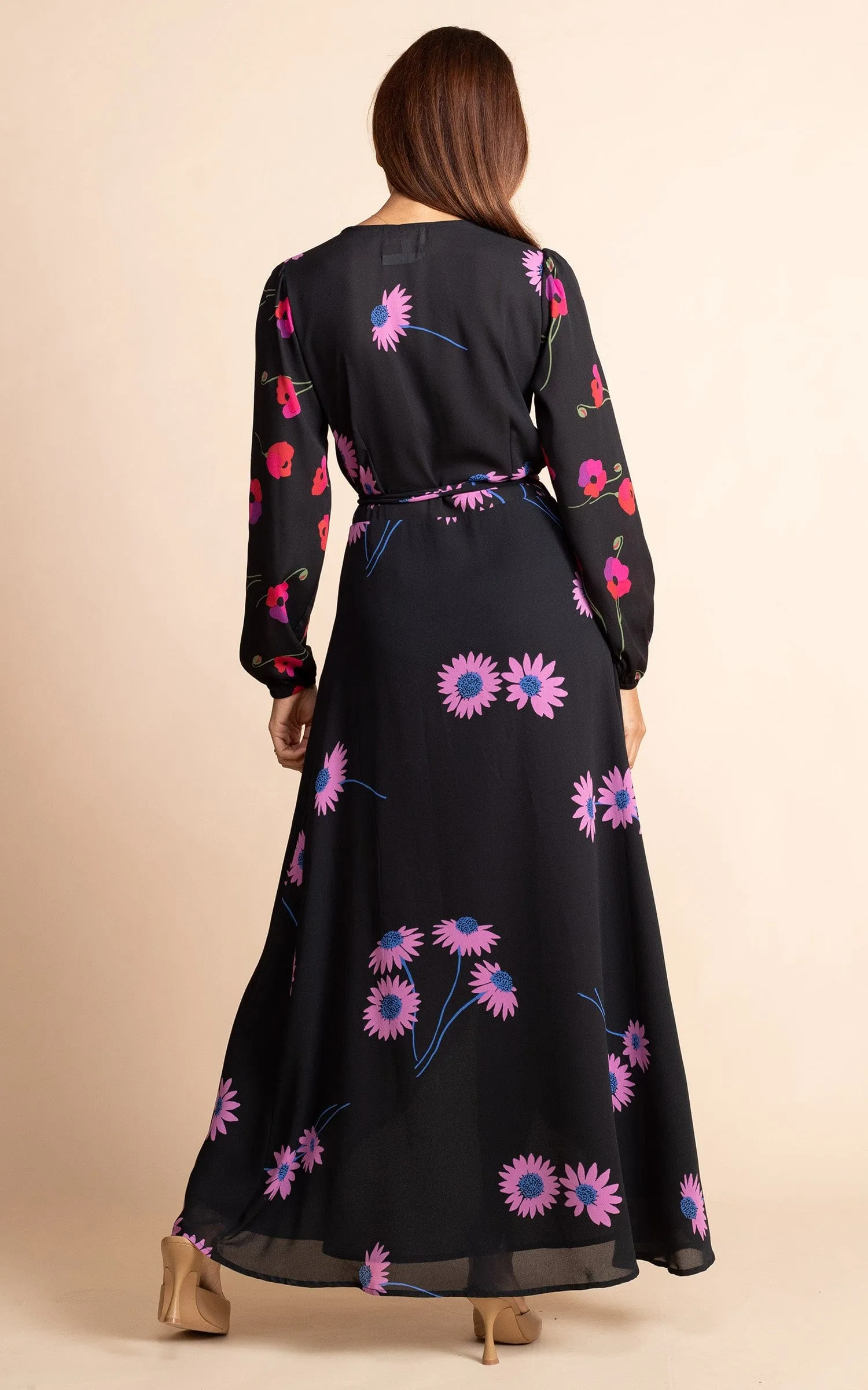 Jagger Maxi Wrap Dress in Pink Daisy on Black Mix