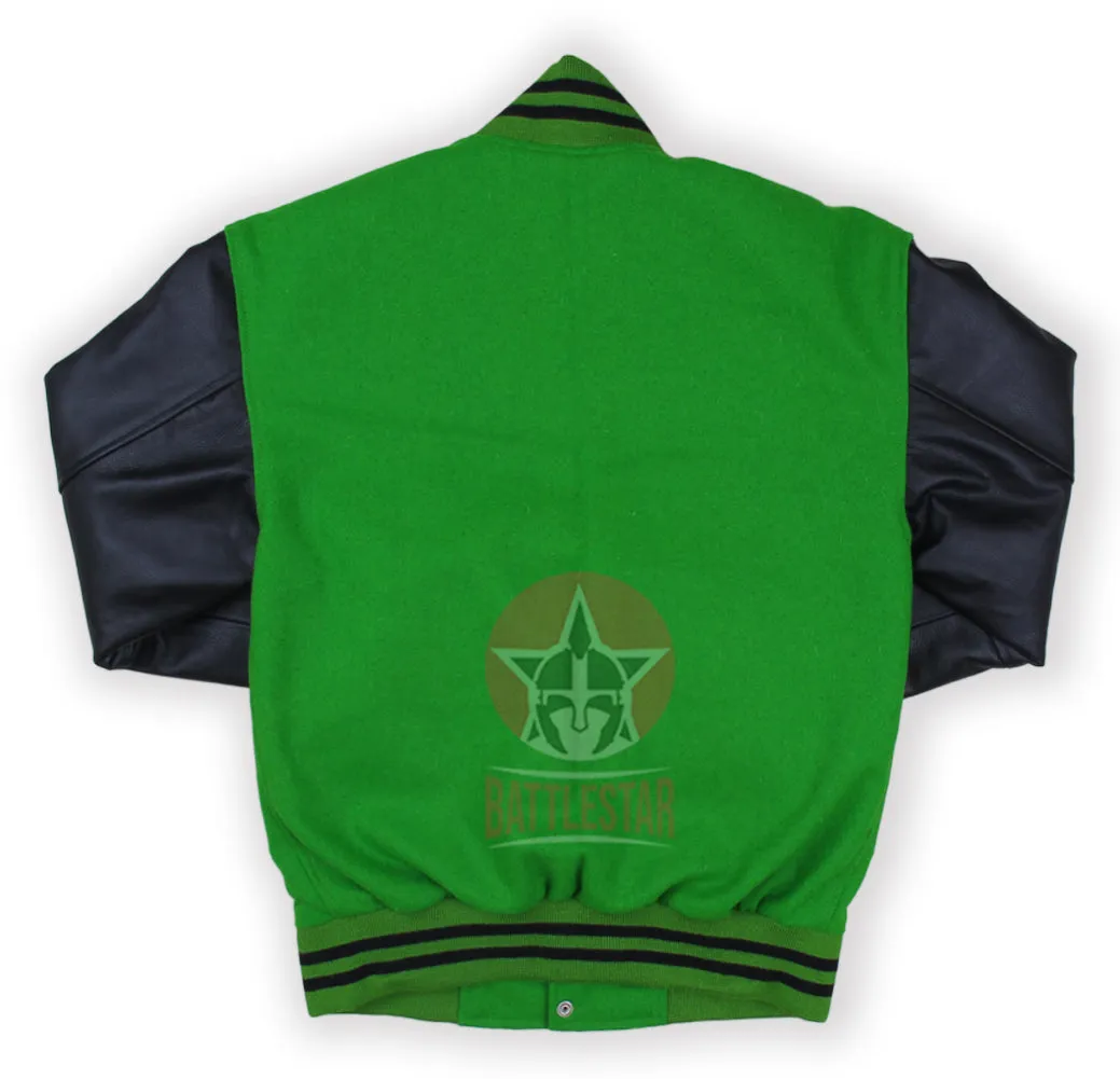 Kelly Green Wool Black Leather Sleeves Varsity Jacket