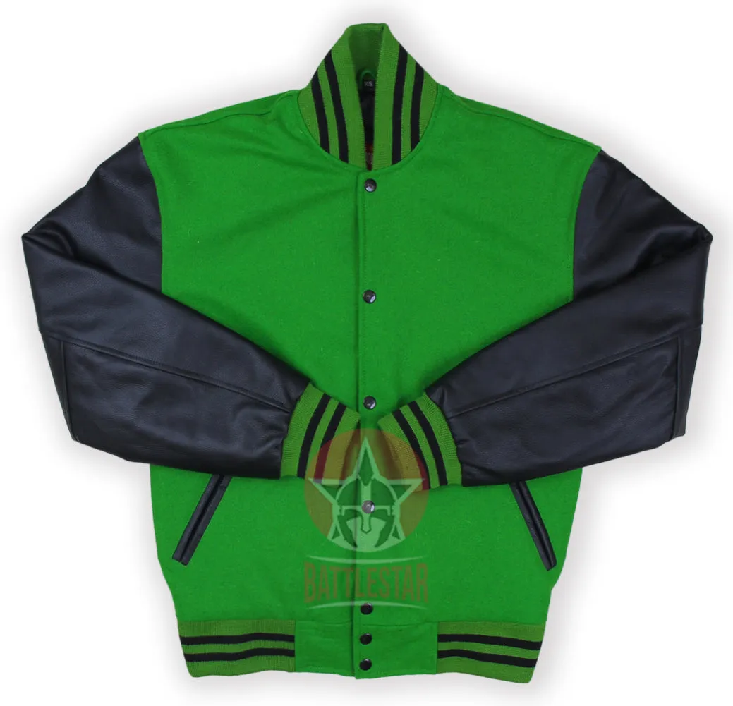 Kelly Green Wool Black Leather Sleeves Varsity Jacket