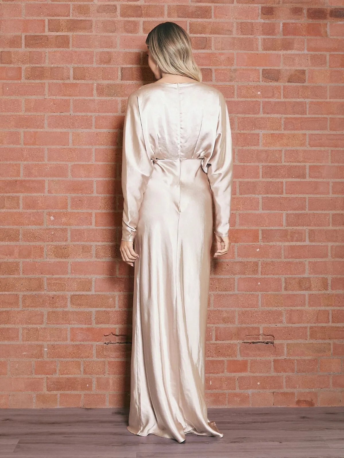 Kimono Long Sleeve Satin Maxi Dress / Champagne