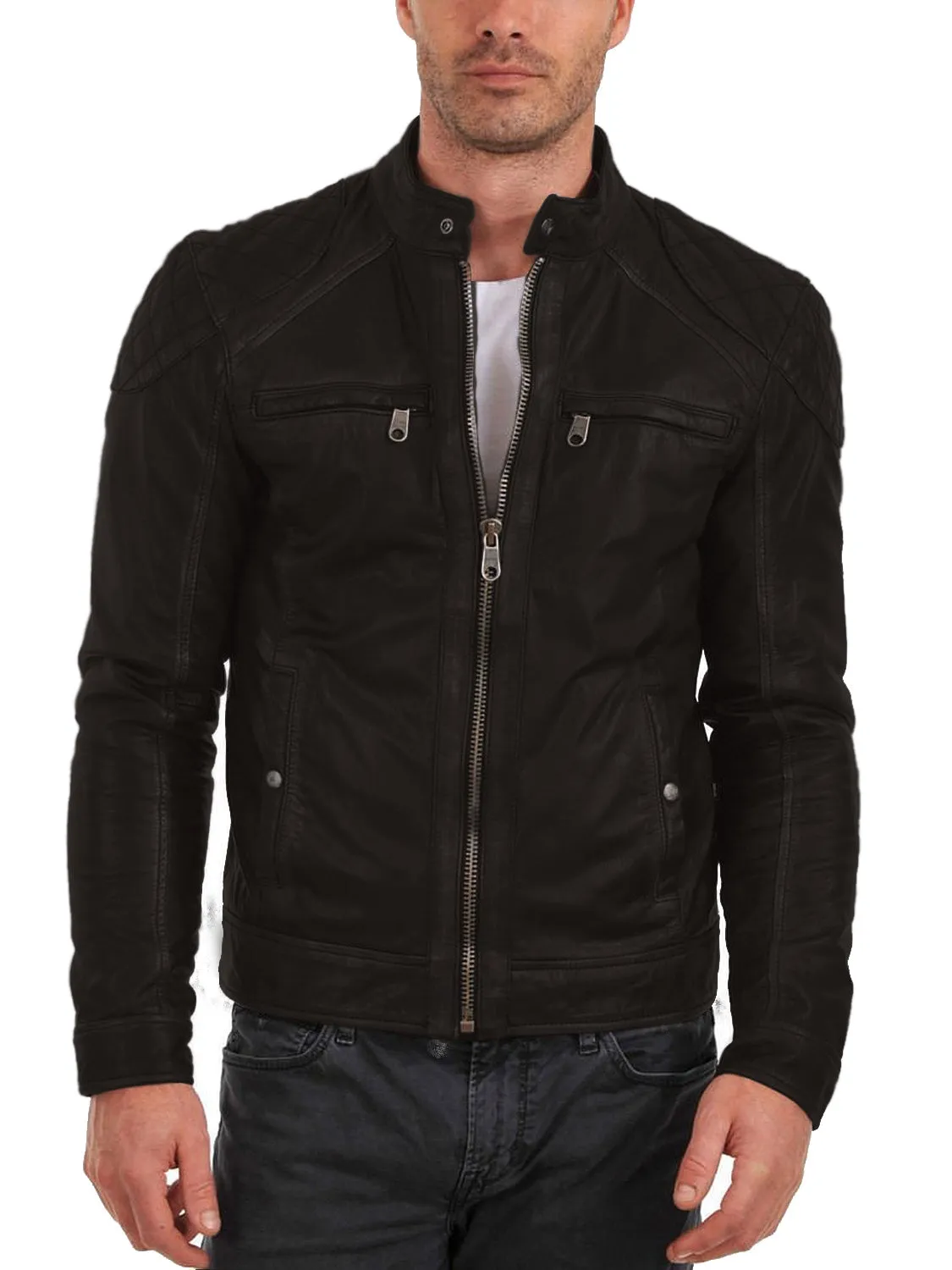 Leather Jackets Hub Mens Genuine Lambskin Leather Jacket (Black, Fencing Jacket) - 1501110