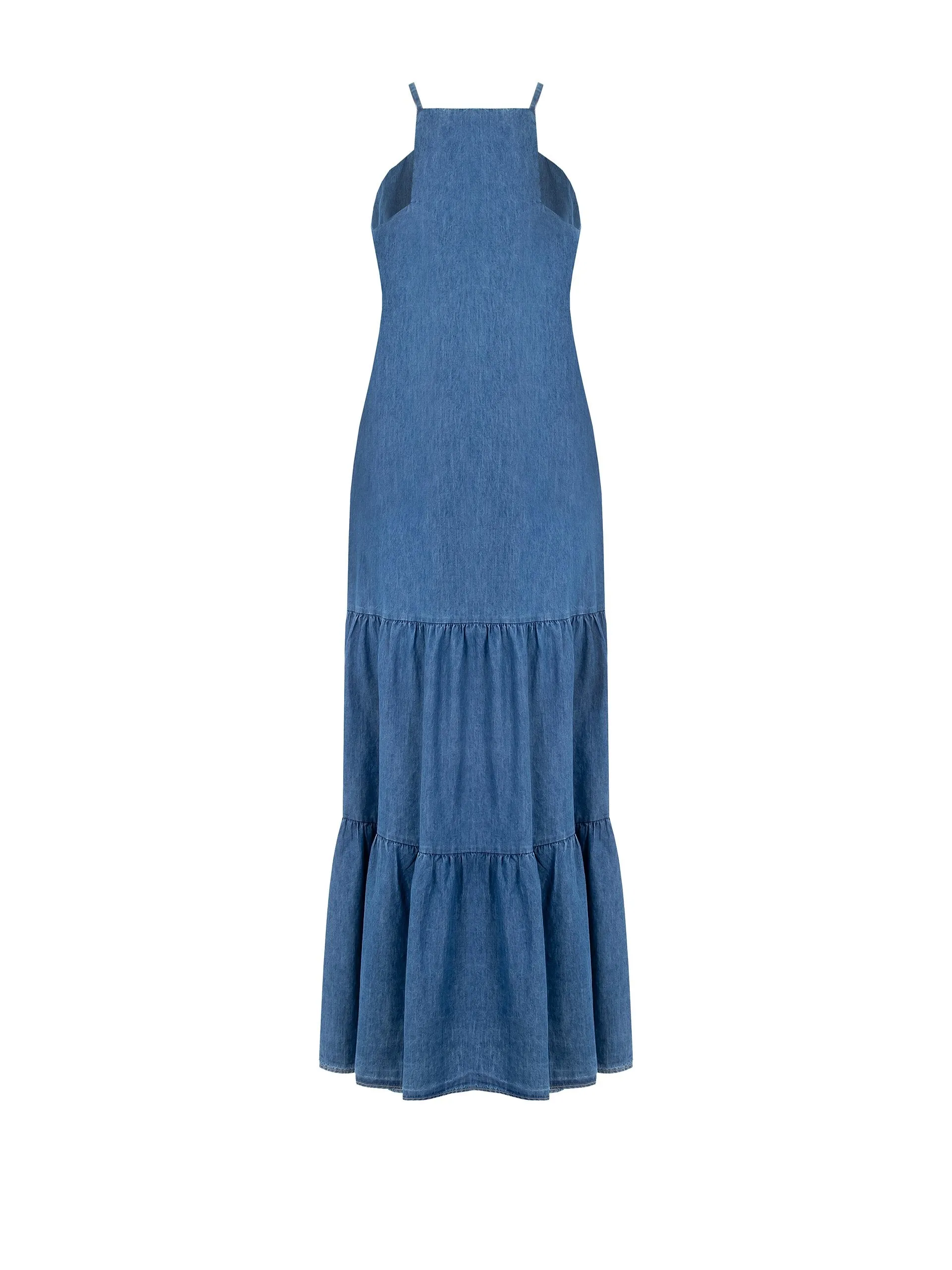 Long A-line Dress in Denim with Square Neckline and Pockets