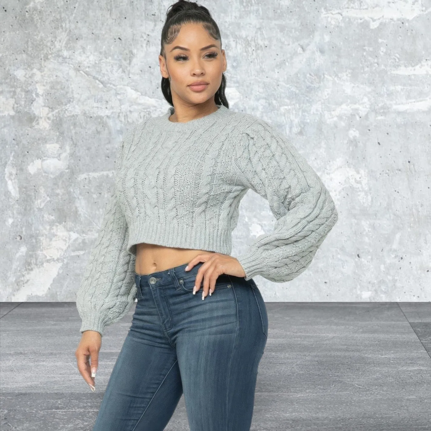 Long  Sleeve Crop Cable Pullover Sweater Top