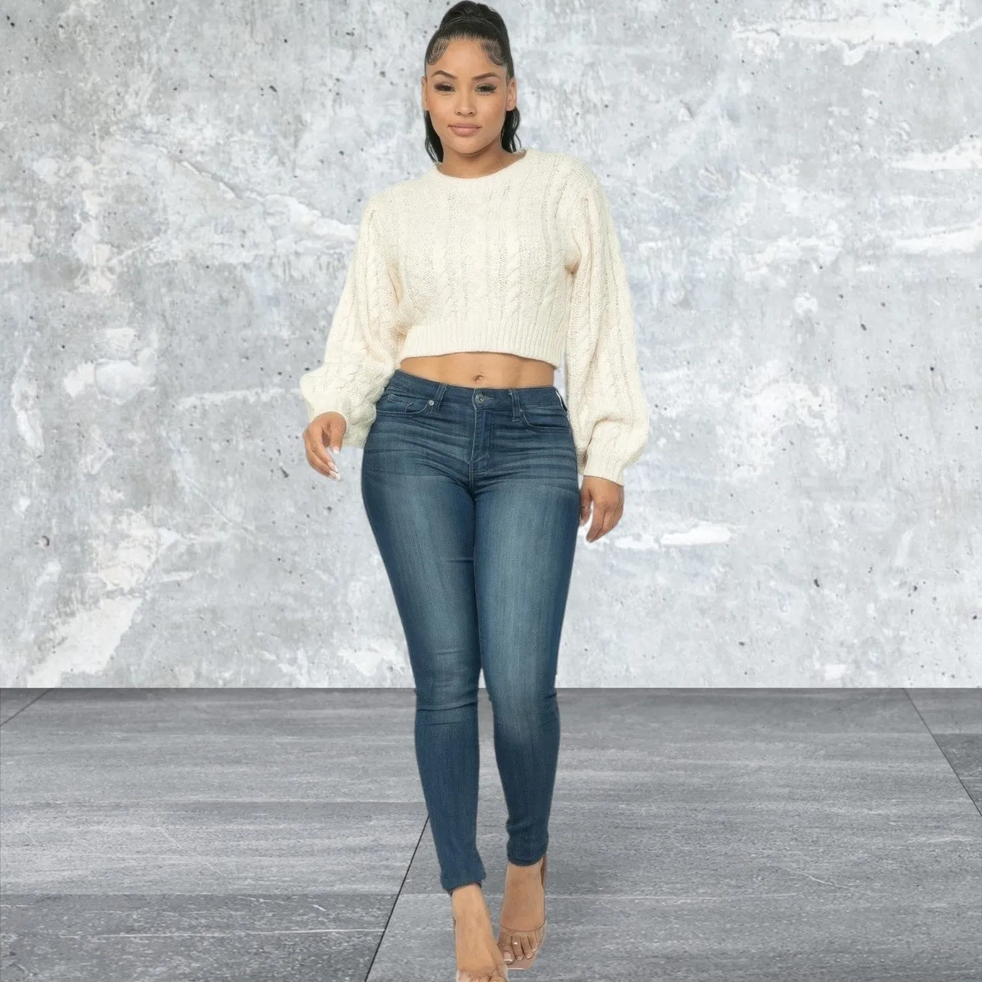 Long  Sleeve Crop Cable Pullover Sweater Top