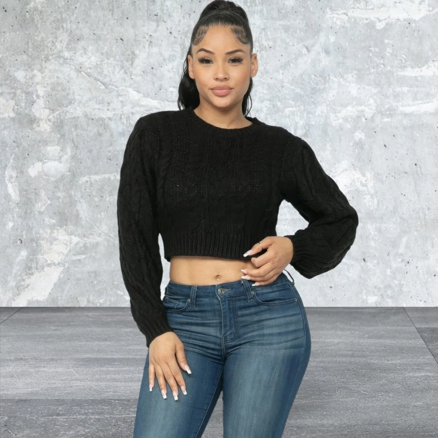 Long  Sleeve Crop Cable Pullover Sweater Top