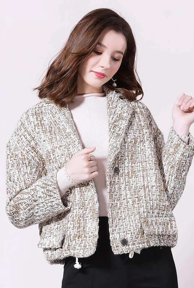 Loose Shape Lapel Collar Short Tweed Jacket