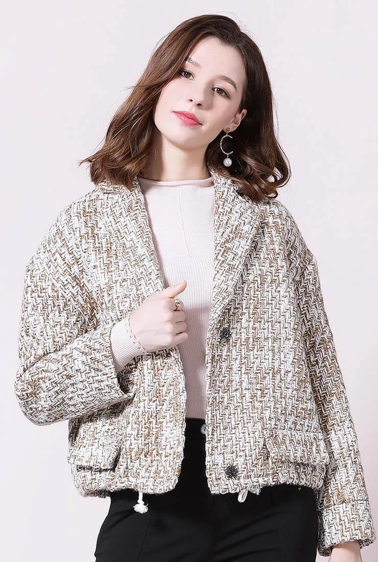 Loose Shape Lapel Collar Short Tweed Jacket