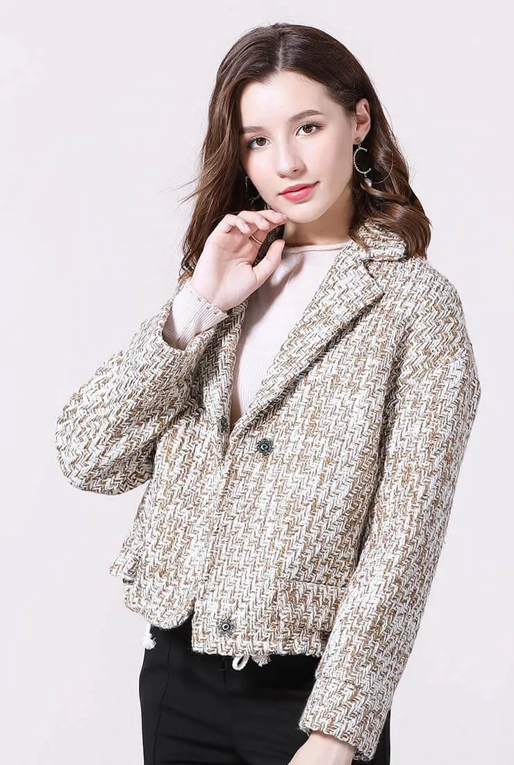 Loose Shape Lapel Collar Short Tweed Jacket