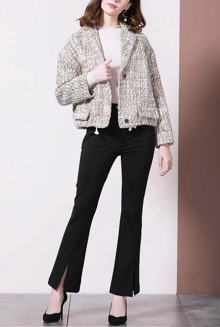 Loose Shape Lapel Collar Short Tweed Jacket