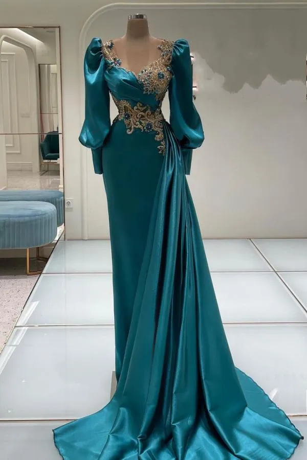 Luxurious Jewel Long Sleeves Satin Mermaid Prom Dresses