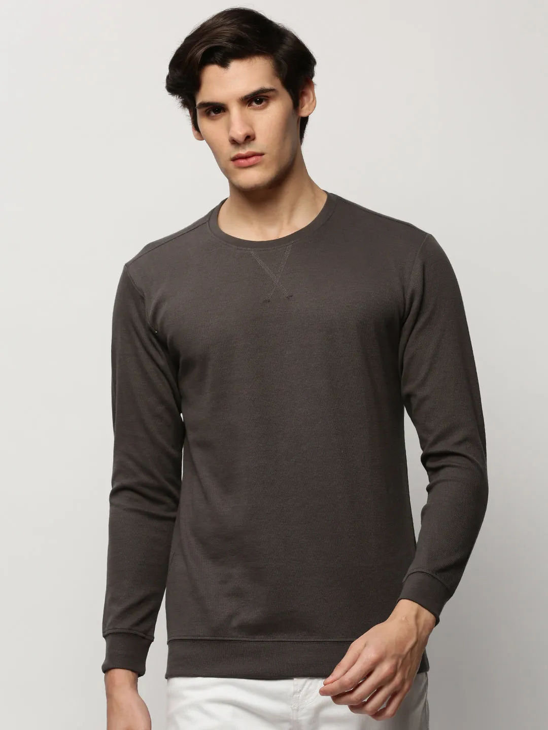 Men Grey Solid Casual Sweatshirts