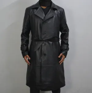 Men's Black Genuine Leather Mid-Length Belted Trench Coat