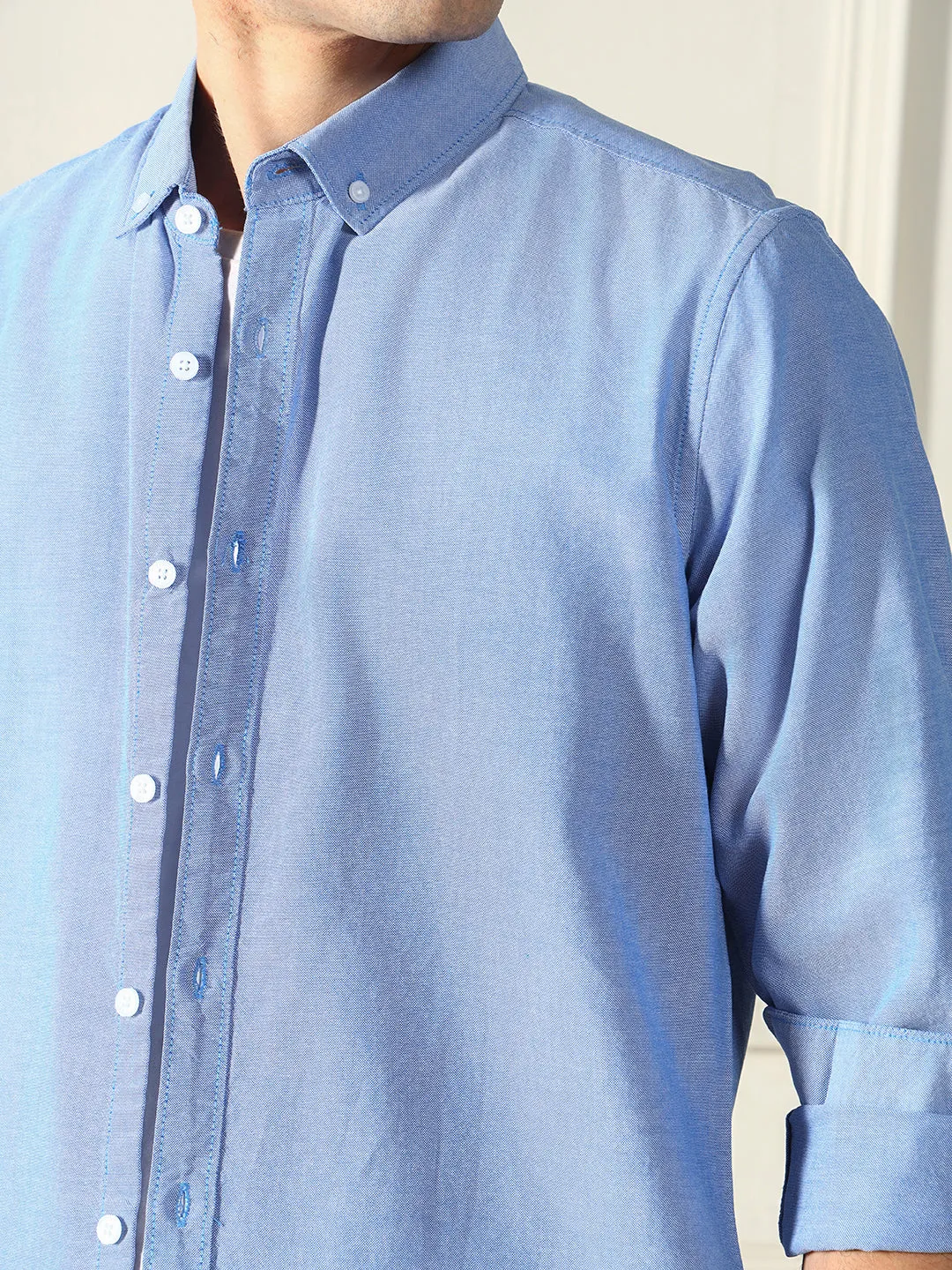 Men's Button Down Collar Regular Fit Solid Blue Casual Shirt