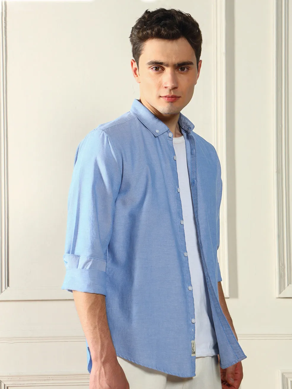 Men's Button Down Collar Regular Fit Solid Blue Casual Shirt